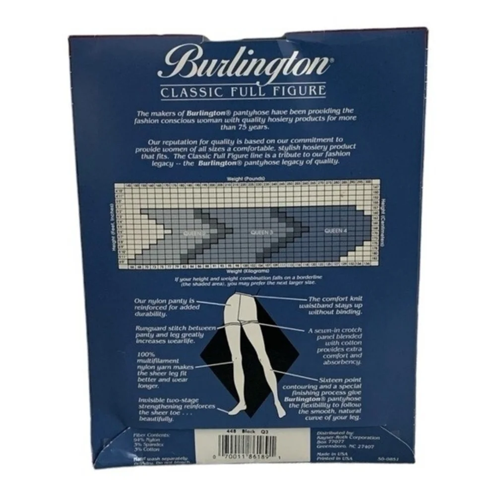 Vintage Burlington Classic Full Figure Pantyhose Queen Size Black Sheer Nylon